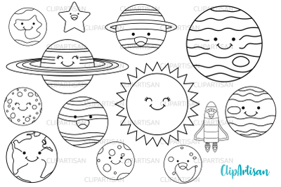Kawaii Happy Planets Digital Stamps