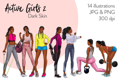 Watercolor Fashion Clipart - Active Girls 2 - Dark Skin