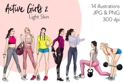 Watercolor Fashion Clipart - Active Girls 2 - Light Skin