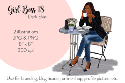Watercolor Fashion&nbsp;Illustration -&nbsp;Girl boss 18 - Dark Skin
