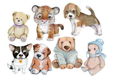 Set of cute cartoon toy animals. Teddy bears and puppies