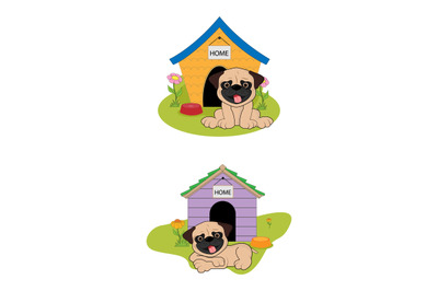 cute dog animal illustration design complete with his house