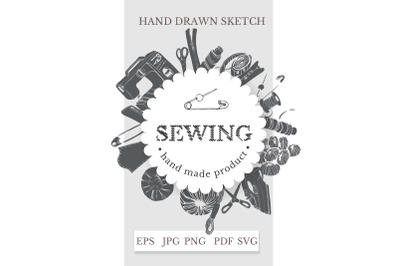 Sewing clipart. Hand drawn sewing items. Sewing logo.
