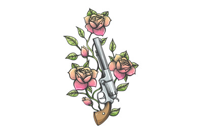 Revolver with Rose flowers Colorful Tattoo
