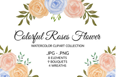 Colorful Rose Flower Watercolor Clipart Collection