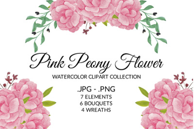 Pink Peony Flower Watercolor Clipart Collection