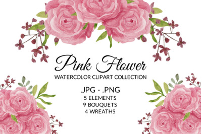 Pink Rose Flower Watercolor Clipart Collection