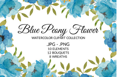 Blue Peony Flower Watercolor Clipart Collection