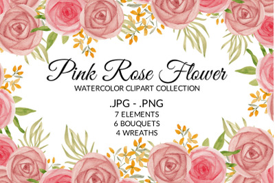 Pink Rose Floral Watercolor Clipart Collection