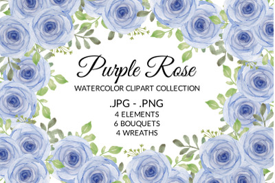 Purple Rose Floral Watercolor Clipart Collection