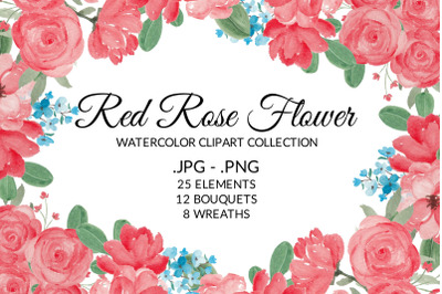 Red Rose Floral Watercolor Clipart Collection