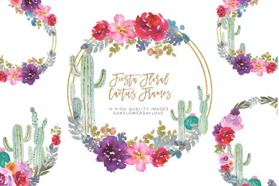 Mexican cactus floral wreath clip art, watercolor cacti frame clipart,