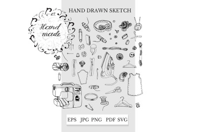Sewing clipart. Hand drawn sewing items. Simple logo design.