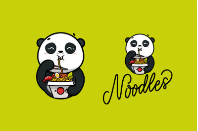 Food logo, funny panda eats noodles