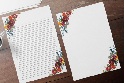 Floral Printable Stationery, Lined Digital Note Paper