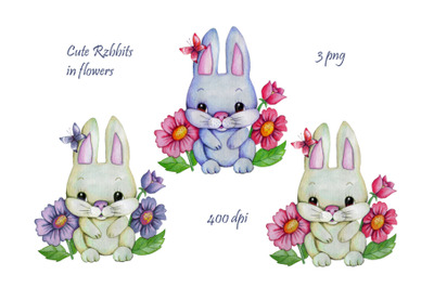 Cute rabbits in flowers. Watercolor.