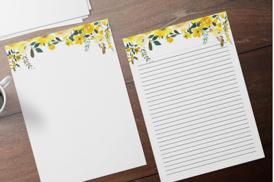 Yellow Floral Printable Stationery, Lined Digital Note Paper