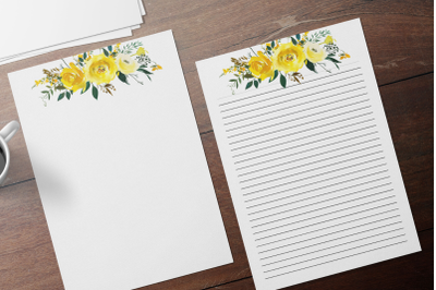 Yellow Floral Printable Stationery, Lined Digital Note Paper