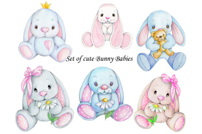 Set of 6 cute Bunny babies. Watercolor.