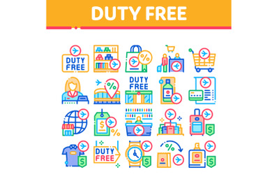 Duty Free Shop Store Collection Icons Set Vector