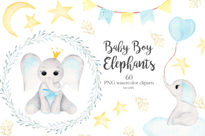 Watercolor Baby Boy Elephants Collection
