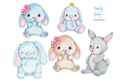 Pretty Baby Bunnies. Watercolor illustrations.
