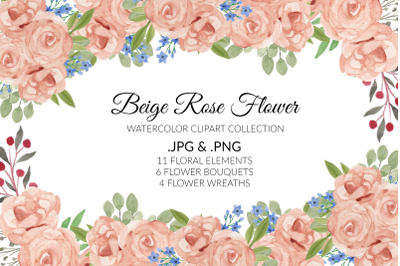 Beige Rose Flower Watercolor Clipart Collection