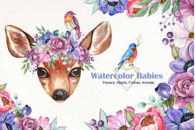 Watercolor Baby animals and Flowers