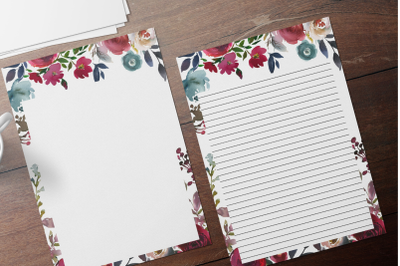 Floral Printable Stationery, Lined Digital Note Paper