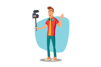 Video Blogger Vector. Lifestyle Video Clip Shooting Process. Shooting Video Process. Isolated Flat Cartoon Character Illustration