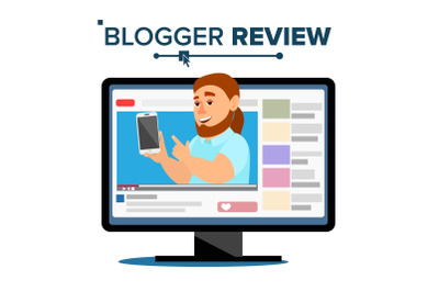 Blogger Review Concept Vetor. Popular Blogger Man Testing Functional With New Smartphone. Online Channel. Video Content. Isolated Flat Cartoon Illustration