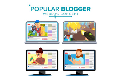 Video Streamer Set Vector. Personal Weblog Channel. Blogosphere Online. Popular Videobloggers. Isolated Flat Cartoon Illustration