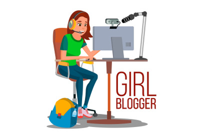 Girl Blogger Vector. Popular Video Vlog, Let s Play, Review Channel. Online Streaming Video. Girl Blogs Creator. Flat Vector Illustration