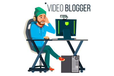 Man Video Blogger Vector. Gaming Stream Banner. Concept blogging. Video Streaming. Strategy Video Game. Flat Vector Illustration