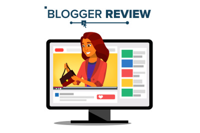 Blogger Review Concept Vector. Fashion Video Blog Channel. Girl Popular Video Streamer Blogger. Online Live Broadcast. In Web Interface. Cartoon Illustration