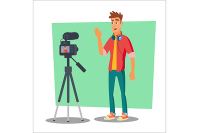 Video Blogger Vector. Cheerful Young Blogger Man. Vlog Concept. Shooting Video Clip. Flat Cartoon Illustration