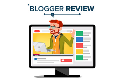 Blogger Review Concept Vector. Video Blog Channel. Man Popular Video Streamer Blogger. Recording. Online Live Broadcast. Testing Functional With New Laptop. Cartoon Illustration