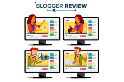 Blogger Review Concept Vector. Video Blog Channel. Man, Woman Popular Video Streamer Blogger. Recording. Online Live Broadcast. Testing Functional. Fashion. Cartoon Illustration