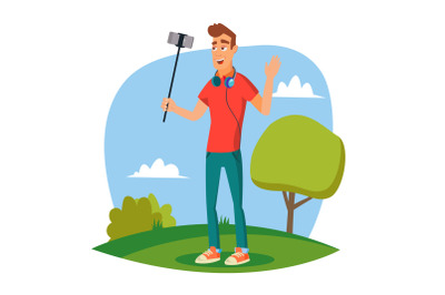 Video Blogger Vector. Modern Blogger Recording Video Blog, Vlog. Blogger Shoots Video. Cartoon Character Illustration