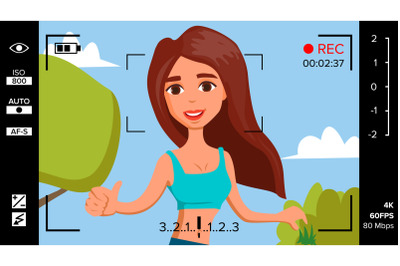 Blogger Girl Records Video Blog Vector. Vlog Concept. Woman Online Internet Streaming Video. Handsome Female Leading Online Stream Channel. Flat Cartoon Illustration