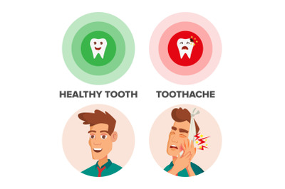 Healthy Tooth And Toothache Vector. Man With Toothache And Bandage. Concept For Dentist, Diseases, Tooth Day. Isolated On White Cartoon Character Illustration