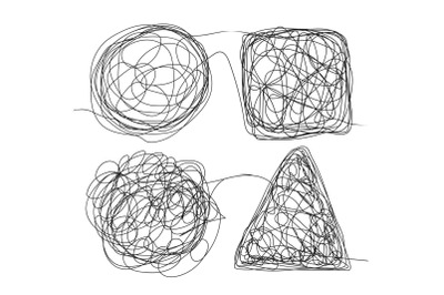 Tangle Scrawl Sketch Set Vector. Doodle Drawing Drawing Triangle, Square, Circle. Solving Problems. Depicts Haywire. Abstract Scribble Shape. Illustration