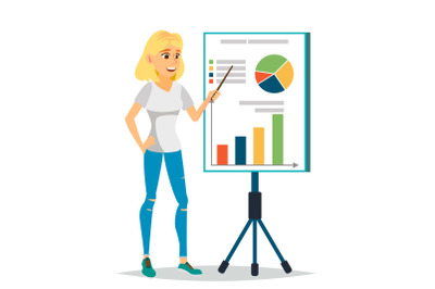 Financial Consultant Vector. Business Woman, Blackboard. Professional Support Research Graphs Market. Business Management. Financial Planning. Accounting Organization Process. Isolated Illustration