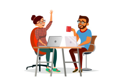 Business People Sitting At The Table Vector. Laughing Friends, Office Colleagues Man And Woman Talking To Each Other. Business Team. Isolated Flat Cartoon Character Illustration