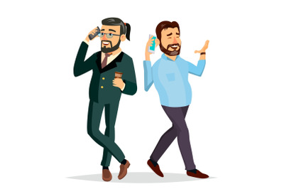 Business Men Talking To Each Other On The Phone Vector. Office Friends, Colleagues. Boss, CEO. Communicating Male. Isolated Flat Cartoon Character Illustration