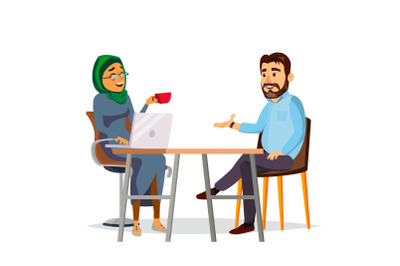 Business People Sitting At The Table Vector. Modern Office. Laughing Friends, Office Colleagues Bearded Man And Muslim Woman Talking To Each Other. Isolated Flat Cartoon Character Illustration