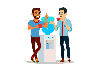 Water Cooler Gossip Vector. Modern Office Water Cooler. Laughing Friends, Office Colleagues Men Talking To Each Other. Communicating Male. Isolated Flat Cartoon Character Illustration