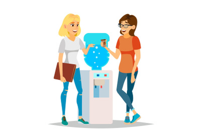 Water Cooler Gossip Vector. Modern Office Water Cooler. Laughing Friends, Office Colleagues Women Talking To Each Other. Communicating Female. Business Person. Women Discussion. Isolated Illustration