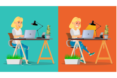 Stressed Out Woman Vector. Blonde Girl Working At Office. Stressful Work, Job. Tired Business Person. Hard Career. Calm Company Employee. Flat Cartoon Character Illustration