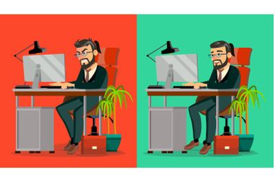 Stressed Out Boss Vector. Bearded CEO Working At Office. Stressful Work, Job. Tired Businessman. Person. Hard Career. IT Startup Business Company. Flat Cartoon Character Illustration